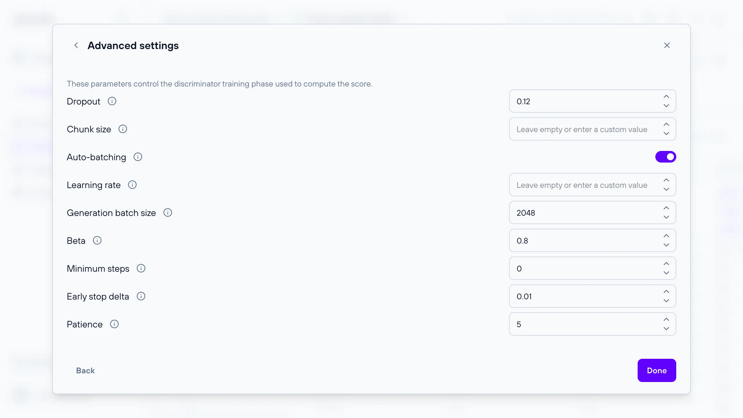 Calculate ReMIA score dialog with the advanced settings expanded
