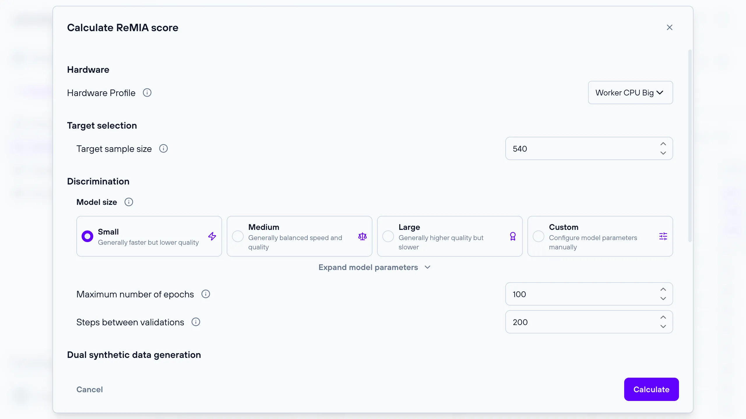 Calculate ReMIA score dialog with the advanced settings collapsed