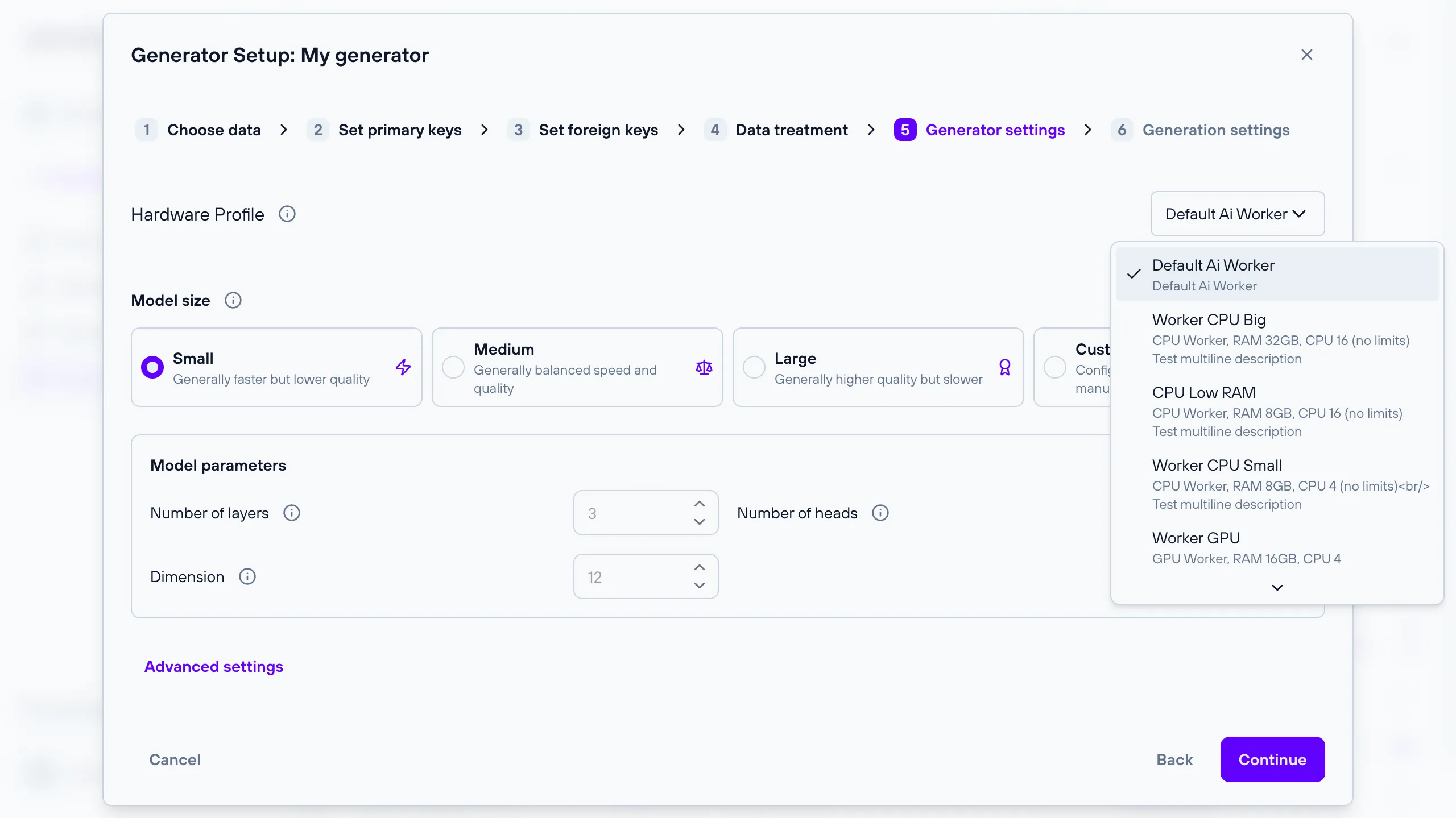 Hardware Profile dropdown in the generator settings step