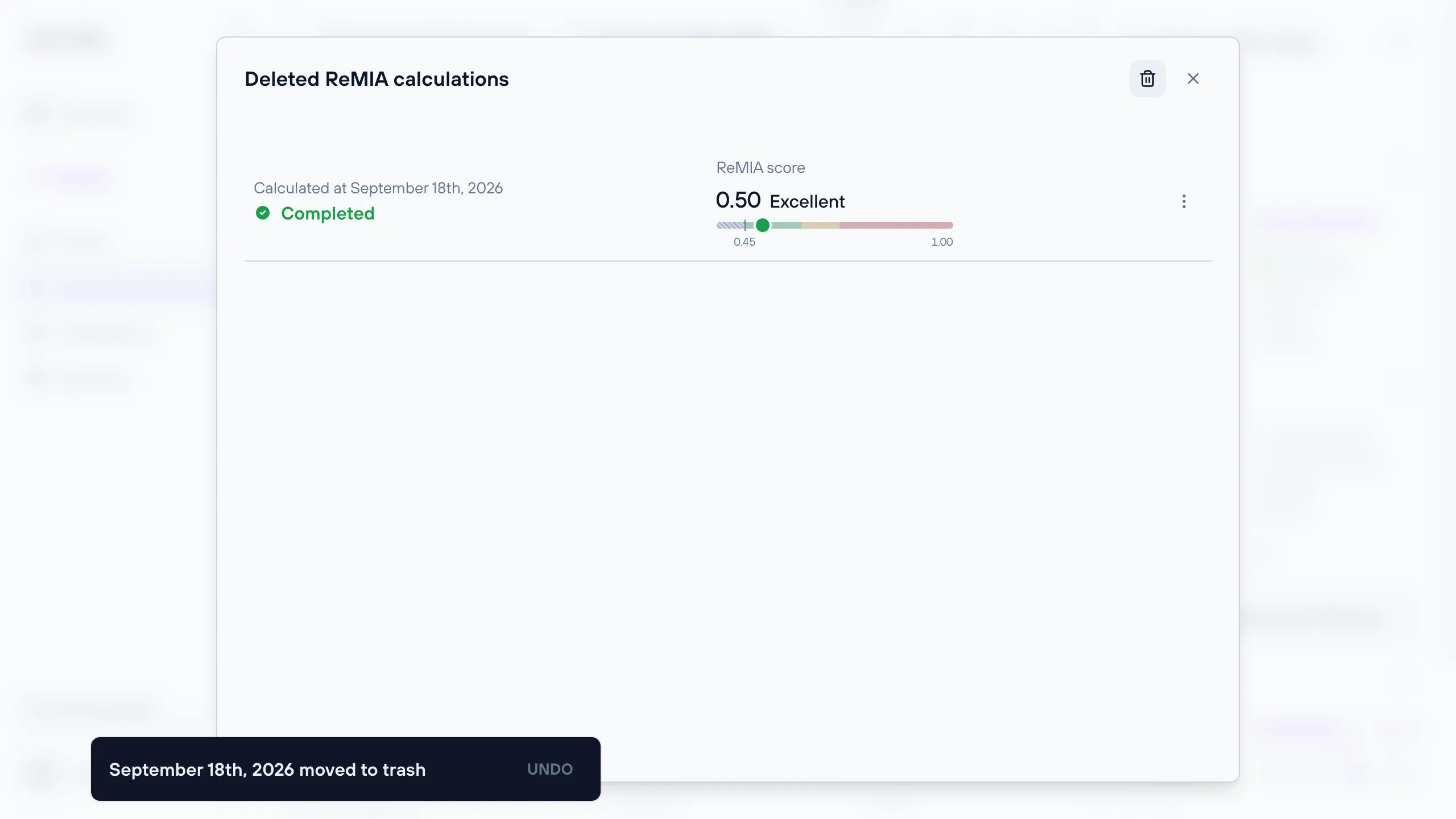 ReMIA score history dialog showing the deleted calculations view